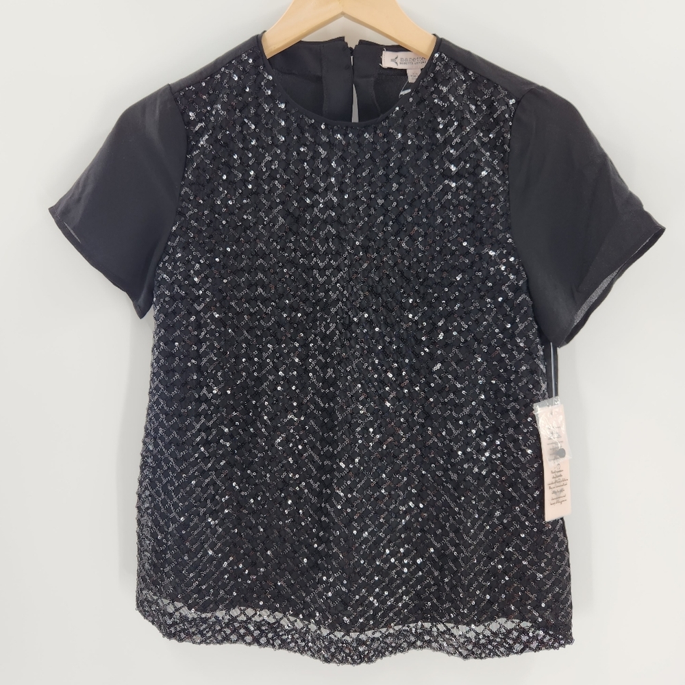 Nanette Lepore Black w/ Black Sequins Short Sleeve Women's Top Size XSmall